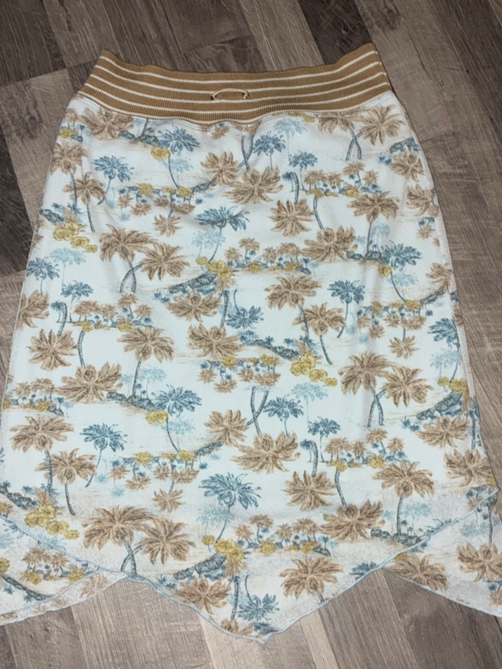 Amy Byer Cream Tropical Print Asymmetrical Skirt with Tan Striped Waistband